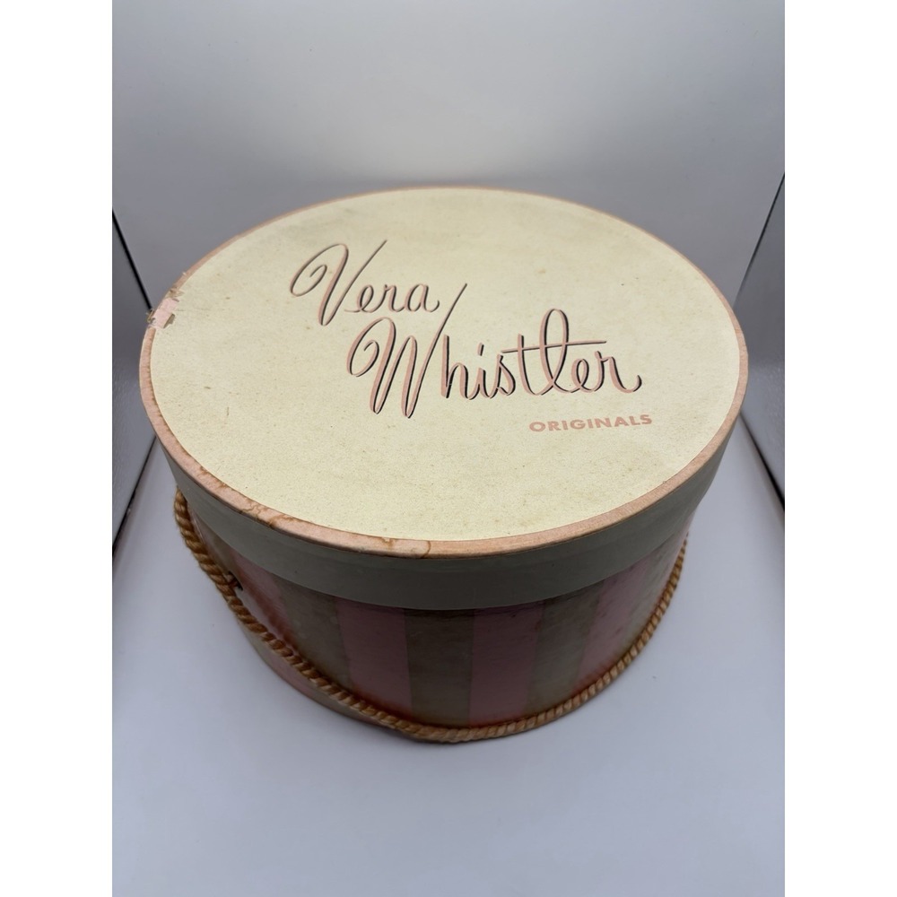 Vintage Round Hat Box W/  Carry Handle Pink Stripe Vera  Storage Container